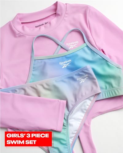 Image of Reebok Girls Rash Guard Set - 3 Piece UPF 50+ Long Sleeve Swim Shirt with Bikini Swimsuit - Swimwear Set for Girls (4-16)