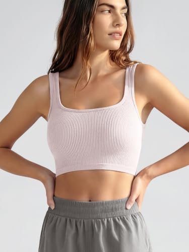 Image of ODODOS 3-Pack Seamless Square Neck Crop Tank for Women Ribbed Knit Soft Low Back Cropped Tops