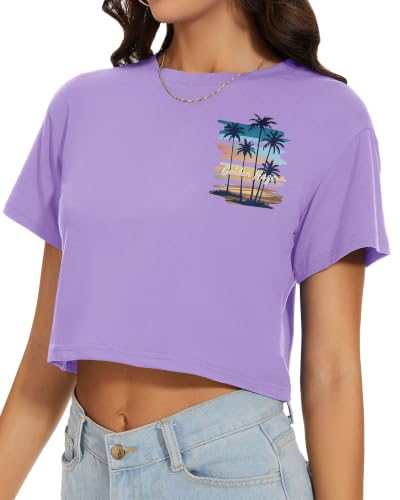 Image of Womens Crop Tops Summer Short Sleeve Round Neck T-Shirts Loose Fit Blouse