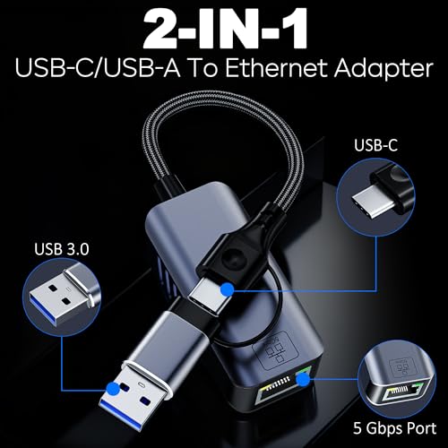 Image of USB C to Ethernet Adapter 5 Gbps, USB-A & USB-C to RJ45 LAN 5000 Mbps Wired Network Converter, USB to Ethernet Adapter Compatible with Thunderbolt 4 /5, MacBook, Windows, MacOS, Linux, iPhone 17 /16 /15