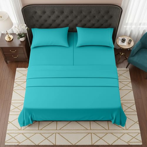 Image of Elegant Comfort Luxurious 1500 Premium Hotel Quality Microfiber Three Line Embroidered Softest 5-Piece Bed Sheet Set, Wrinkle and Fade Resistant, Split King, Turquoise