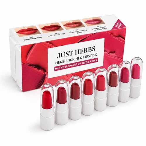Image of Just Herbs Herb Enriched Lipstick Kit | 8 Creamy Matte Shades | Travel Friendly & Richly Pigmented | Infused with Ashwagandha, Brahmi & Castor Oil | Curated for Indian Skin Tones (Reds & Pinks)