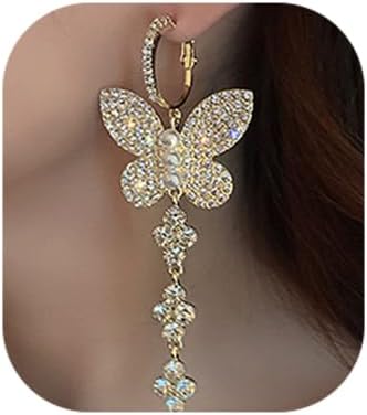Wekicici Butterfly Rhinestone with Full Rhinestone Pearl Dangle Hoop Earrings Bohemian Crystal Long Tassel Dangle Earrings Fashion Accessories for Women