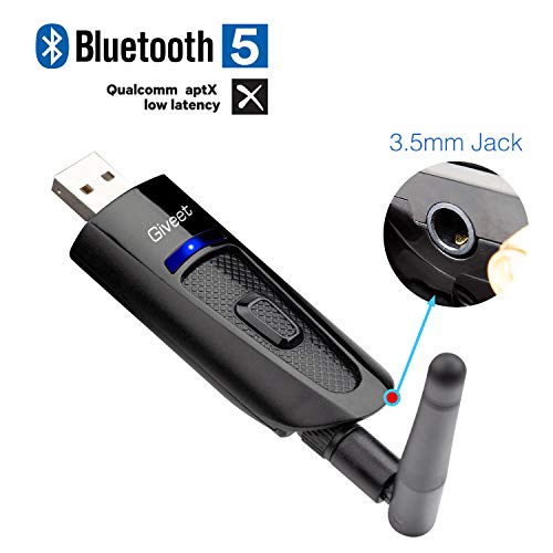 Giveet portable USB Bluetooth Audio Transmetteur adaptateur dongle pour PC de bureau ordinateur portable Mac écouteurs haut-parleurs, avec 3,5 mm aux, Dual Link aptX faible latence, plug and Play