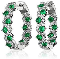 1 CT Round Created Emerald & Diamond Wedding Hoop Earrings 14k White Gold Finish