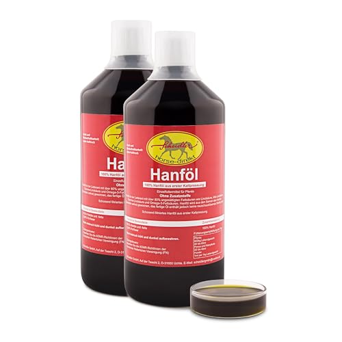 Hanföl 2 x 1 L für Hunde & Pferde – 100% kaltgepresstes Barföl aus dem Cannabis Sativa Samen – Naturprodukt ohne Zusatz – inkl. Dosierkappe