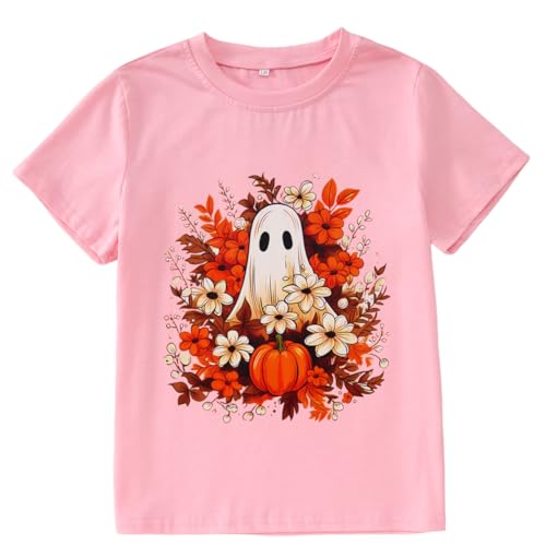 Halloween Shirt for Girls Floral Ghost T-Shirt Girl Pumpkin Tops Spooky Season Outfit Short Sleeve Tees Fall Clothes