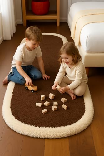 Image of Fluffy Silky Micro Fiber Polyster Carpet /Runner for Bedroom, Study Room, Playing Room, Guest Room ETC. 5x7 feet Feet, (Coffee and Ivory Side boder)