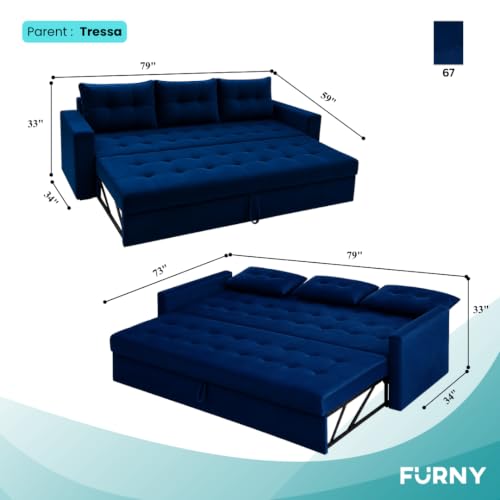 Image of FURNY Tressa 3 Seater Fabric Pull-Out Sofa Cum Bed Function (Dark Blue) | Luxury Velvet Suede Finish | Durable Comfort Sofa Bed for Modern Living Room & Office Spaces