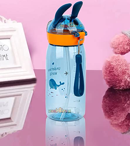 Image of Zest 4 Toyz Bunny Ear Water Bottle for Kids Leak-Proof Sipper Bottle with Flip Straw BPA-Free Portable School Bottle with Strap for Boys & Girls- Blue (550ML)