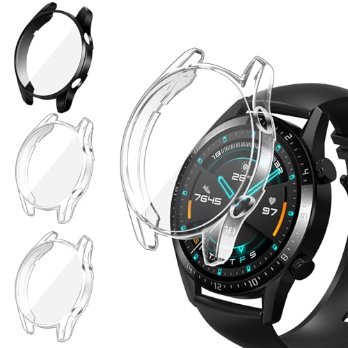 iVoler 3 Pezzi HD Clear Cover con Pellicola Protettiva per Huawei Watch GT 2 46mm, Copertura Completa Custodia Anti-Graffio Ultra Sottile Morbida TPU Case, 2 Trasparente + 1 Nero