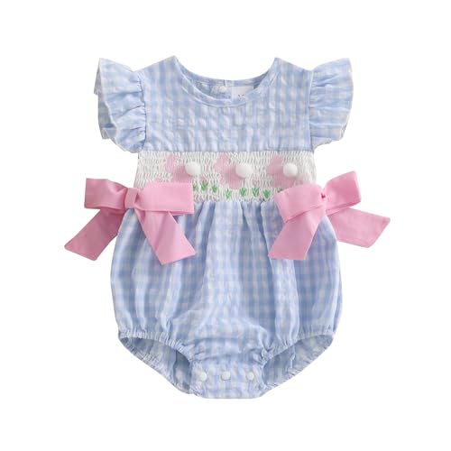 Socutebabe My First Easter Baby Girl Outfit Infant Plaid Bubble Romper Easter Bunny Embroidery Jumpsuit Cute Spring Clothes (a-bunny-Blue 3-6 Months)