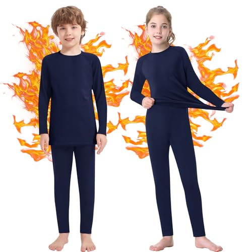 Jiuday Thermounterwäsche Kinder Fussball Funktionsunterwäsche für Jungen Mädchen Skiunterwäsche Atmungsaktiv Soft Warm Winter Langarm Sportunterwäsche für 6-14 Jahre Kinder (A-Blau,S)