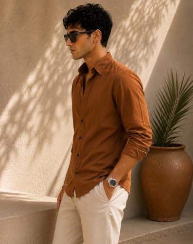 Image of Zilcon Men's Solid Coffee Brown Casual Cotton Blend Shirt