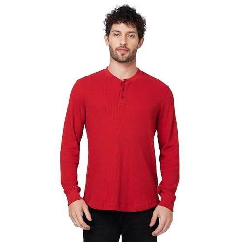 Image of Spykar Henley Neck Full Sleeve Orange Solid T-Shirt for Men