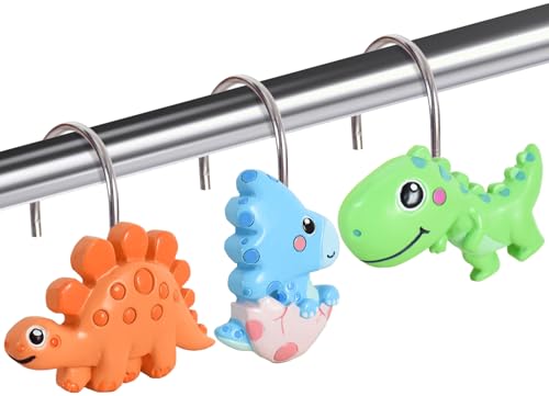 Image of CTOHN 12 Pieces Dinosaur Shower Curtain Hooks Rings, Decorative Shower Hooks for Shower Curtain, Stainless Steel Decorative Shower Hangers Rings for Bathroom