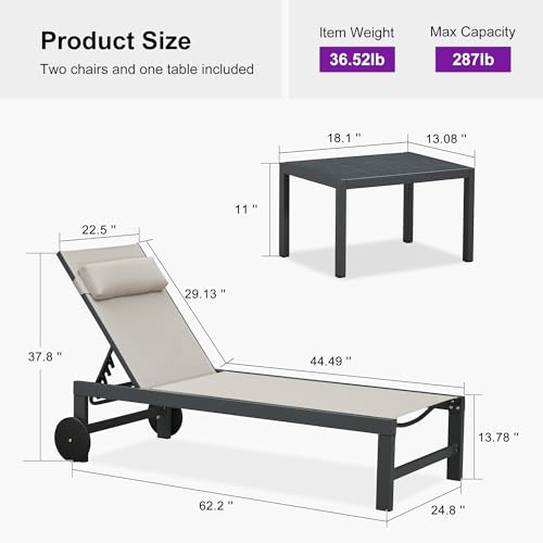 PURPLE LEAF Patio Lounge Chair Set of 3 Outdoor Chaise Lounger Aluminum Frame with Side Table and Wheels for Pool Outside Sunbathing Tanning Recliner Including Pillows Beige — view 2