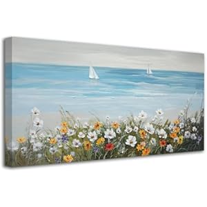 Ardemy Sailboat Painting on Canvas 40"x20" - Textured Coastal Wall Art with Wildflowers & Vibrant Sky Blue, Nautical Beach Vibe Decor for Living Room Bedroom Above Fireplace Home Office 40"L