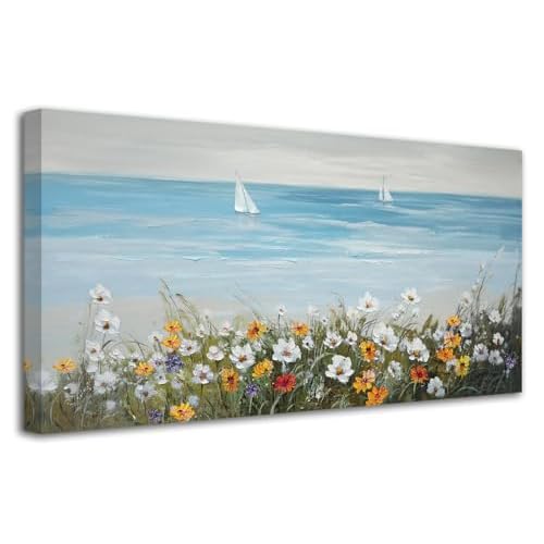 Ardemy Daisy Wall Art for Living Room, Floral Canvas Wall Art Ocean Flower Pictures Paintings Wall Decor Living Room Wildflower Artwork Dining Room Home Office Kitchen, 40"x20" 40"L x 20"W B