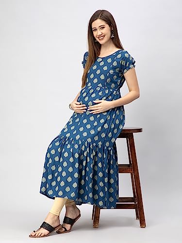 Image of CEE 18 Women's Cotton A-line Maternity Feeding Kurti with Zippers (9667 40,Divine Blue,Large)
