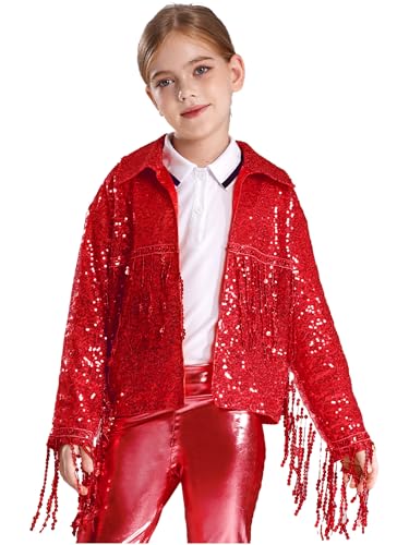 Kids Girls Open Front Sequin Fringe Jacket Shiny Tassel Hip Hop Jazz Dance Coat for Fancy Party