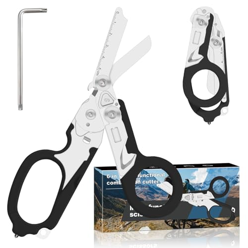 Image of 6 in 1 trauma shears, Folding Retractable Emergency Shears, Outdoor Camping Tools, Seat Belt Cutter, Oxygen Cylinder Wrench, Complimentary Adjustable Wrench (black)