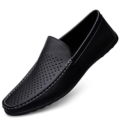 Men's Loafers Moccasins Shoes Breathable Simple Vegan Leather Flat Heel Lightweight Flexible Casual Slip-on(Black,10 M US)