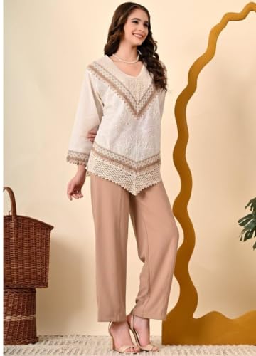 Image of Women's Cotton V Neck 3 /4 Sleeves Embroidered Tunic Short Kurta for Casual Wear Combo