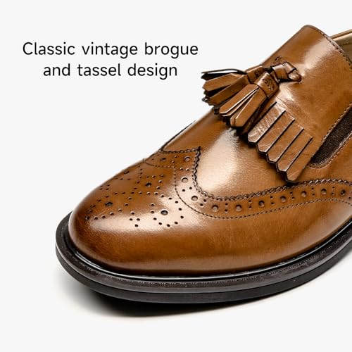 Image of BEAU TODAY Tassel Loafers for Women,Leather Brogue Dress Shoes,Wingtips Oxford for Women,Breathable Comfortable Slip-on Lace-up Handmade Flat Shoes for Business Work