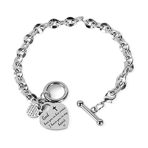 MUEEU Memorial Gifts Inspirational Bracelets for Women Bangle Stainless Steel Jewelry Memorial Sympathy Gift (God has you in his arms, I have you in my heart) Cover