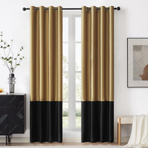 Gold Black Velvet Curtains 72 inch Color Block Luxury Elegant Modern Living Room Curtain Privacy Light Blocking Thermal Insulated Soundproof Room Darkening Energy Saving Drapes for Bedroom Set of 2 by BULBUL - Used condition - US$20.24