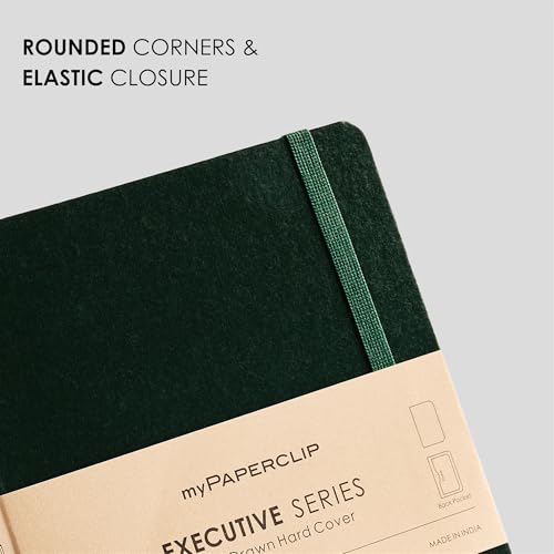 Image of myPAPERCLIP Executive Series A5 Unruled Notebook | 192 Pages, 80 GSM, Hard Cover, A5 (5 .83 x 8.27 in) | Flat Lay | Bookmark, Elastic Closure & Back Pocket | Green