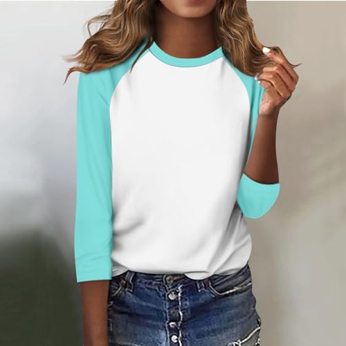 Womens 3/4 Sleeve Tops Casual Cropped Shoulder Sleeves Patchwork Striped Print Round Neck Blouse Loose Blouses4