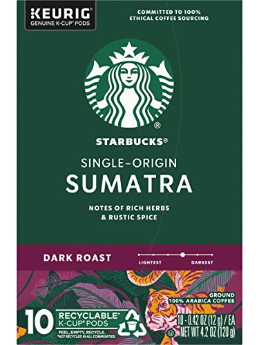 Image of Starbucks Coffee Company Starbucks Single-Origin Coffee K-Cup Pods, Sumatra, Dark Roast Ground Coffee K-Cups for Keurig Brewing System, 100percent Arabica Coffee, 10 CT K-Cups /Box (Pack of 2 Boxes)