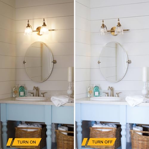 Image of Brass Vanity Light, Vintage Brushed Gold Bathroom Light Fixtures, 2 Light Bathroom Vanity Lights, Flower Glass Shade Wall Sconce Lighting