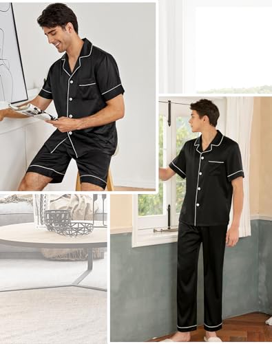 SWOMOG Mens 3pcs Pajamas Set Silk Satin Short Sleeve Sleepwear Button Down Pjs Classic Loungewear Nightwear4