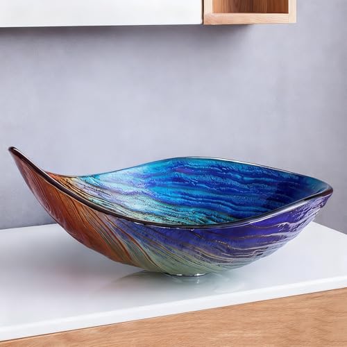 ZYCDP Lavabo Vidrio Lavamanos Sobre Encimera 550 X 380 X 170 mm Sin Agujero Para Grifo Azul+Rojo