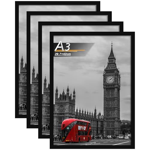 Tinkeps 4er Set Bilderrahmen A3 (29 7x42 cm) Schwarz - MDF Holz Fotorahmen mit bruchsicherem Acrylglas - Moderner Posterrahmen und Urkundenrahmen für Wandmontage