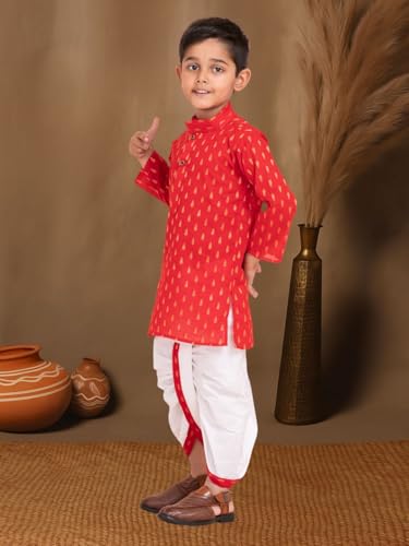 Image of Boys Dhoti Kurta Set for Kids - Cotton Kurta and Elastic Waist Dhoti - Traditional Dress