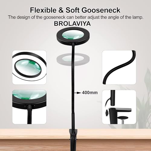 Image of BROLAVIYA Overhead 5X Magnifying Glass with Led Light and Stand, 3 Color Modes Dimmable, Flexible Hose Metal Arm, Magnifier Desk Lamp for Crafts, Makeup, Reading, Photography - Black