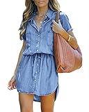 Imily Bela Women Denim Dress Summer Jean Shirt Dress Short Sleeve Button Down Tie Waist Casual Short Dress