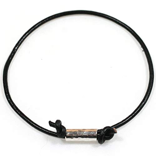Mens/Ladies Solid Silver Hammered Tube and Leather Anklet