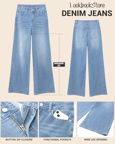 LookbookStore Wide Leg Jeans for Women High Waisted Stretchy Denim Jeans Fashion Baggy Trouser Jean Pants with Pockets4