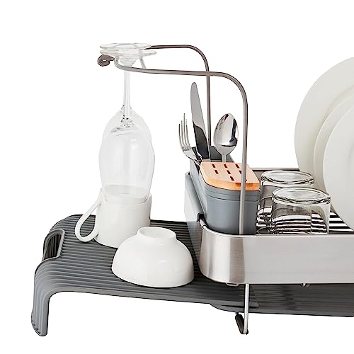 Image of KitchenAid Compact to Full Size Expandable, Rust Resistant Satin Coated Dish Rack with Angled Self Draining Drain Board and Removable Flatware Caddy, 24-Inch, Charcoal