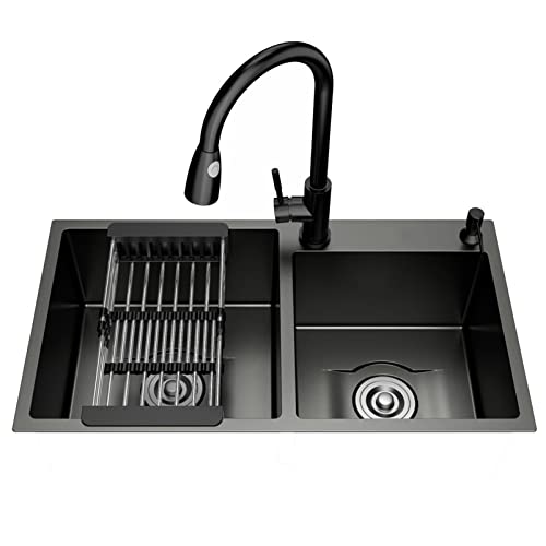 Fregadero de cocina de acero inoxidable 304 con doble tanque y grifo dispensador de jabón negro espesado, fácil de limpiar y de gran capacidad, adecuado para instalación dentro y fuera del escena