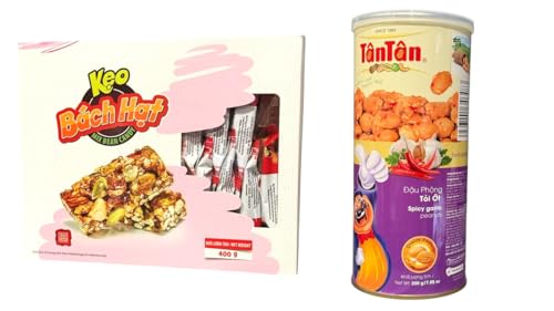 Image of Combo - Mix Bean Candy and Spicy Garlic Peanuts - Keo Bach Hat va Dau Phong Toi Ot - 14 Oz per Box and 7 Oz per Can with 2 Iterms per Order