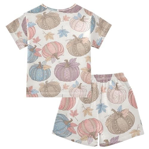 Pajama Short Sets Pumpkin Pattern with Autumn Leaves Soft Cotton Summer Sleepwear 2 Piece PJS Size 5-14T2