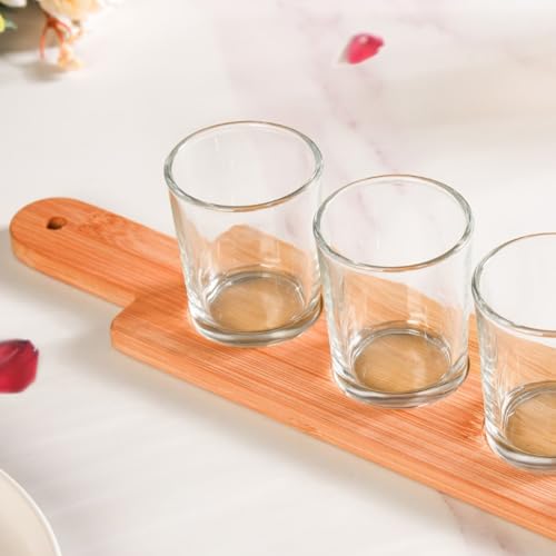 Image of Nestasia Set of 4 Glass Tumblers with Natural Bamboo Serving Tray | Ideal for Espresso, Juice, Small Cocktails, Shots & Gifting