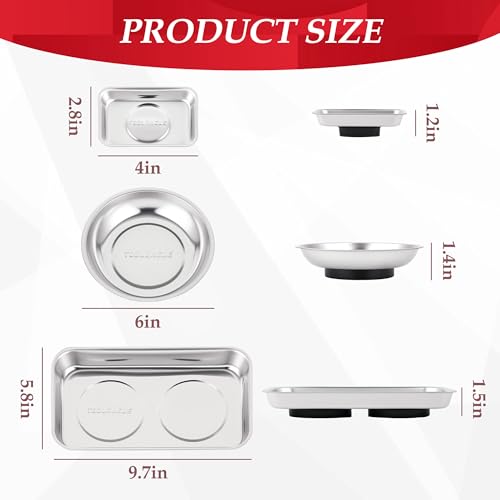 Image of TOOLEAGUE 4Pcs Magnetic Parts Tray Set with 15Lb Magnetic Pickup Pen | Stainless Steel Tray Bowl with Extra Strong Magnets for Organizing and Retrieving Metal Parts
