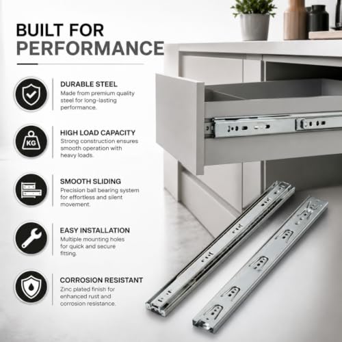 Image of Hettich Telescopic Ball Bearing Channel KA 5632 /500mm | Zinc Finish Drawer Channel for Home, Kitchen & Wardrobe | Load Bearing Capacity 45 kg | 100% Extension, Galvanised Steel (2 Pcs)